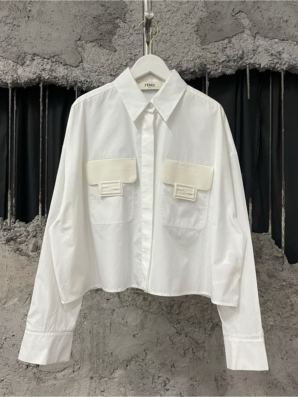 Fendi Ivory-White Cropped Button Shirt with Logo Flaps